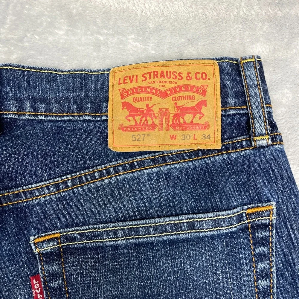 Levi's Jeans Mens 30x34 Blue Denim Whiskered Faded Stretch 527 Slim Bootcut Leg